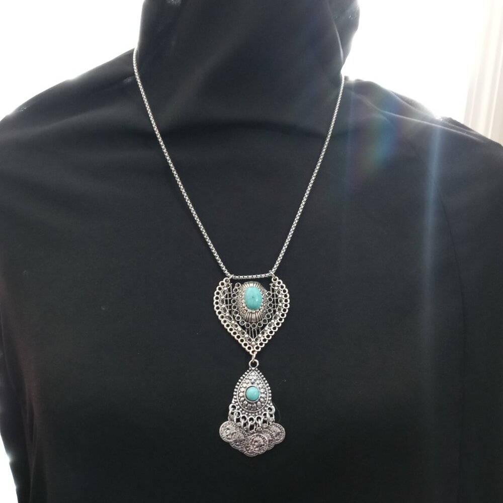 Boho Silver Tone Statement Necklace with Turquoise-Colored Stones & Coin Dangles